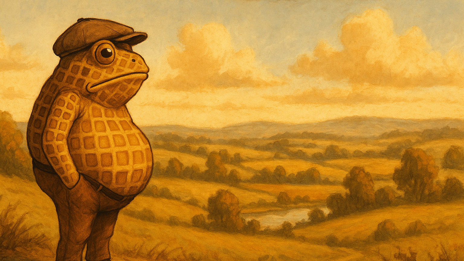 Illustration of a anthropomorphic waffle frog in a landscape with rolling hills and clouds.